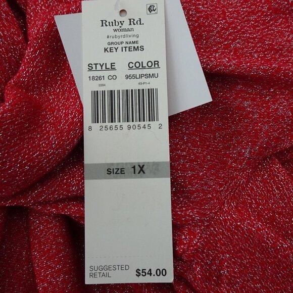 Ruby Rd Cardigan Sweater Women's Plus Size 1X Red Silver Sparkle Long Kimono - Picture 8 of 9